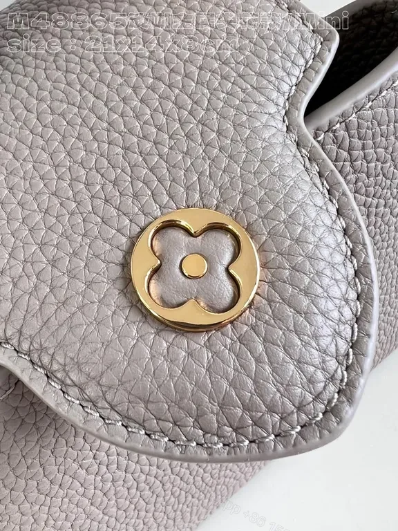 View 3 of Taupe Pebbled Leather Crossbody: Gold LV Accent, Compact Luxury Bag