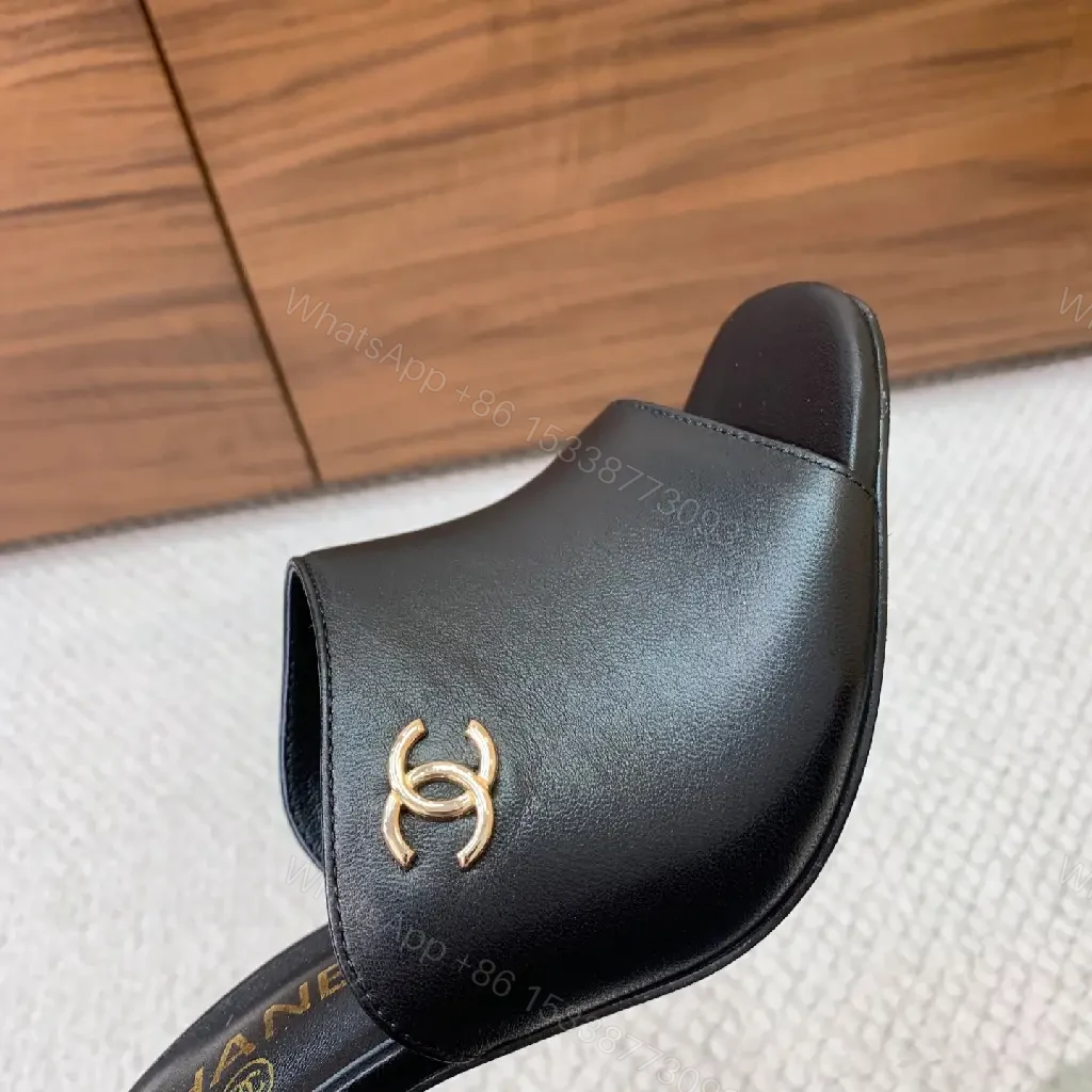 View 6 of Chic Black Leather Slide Heels – Luxe Comfort, Gold Hardware