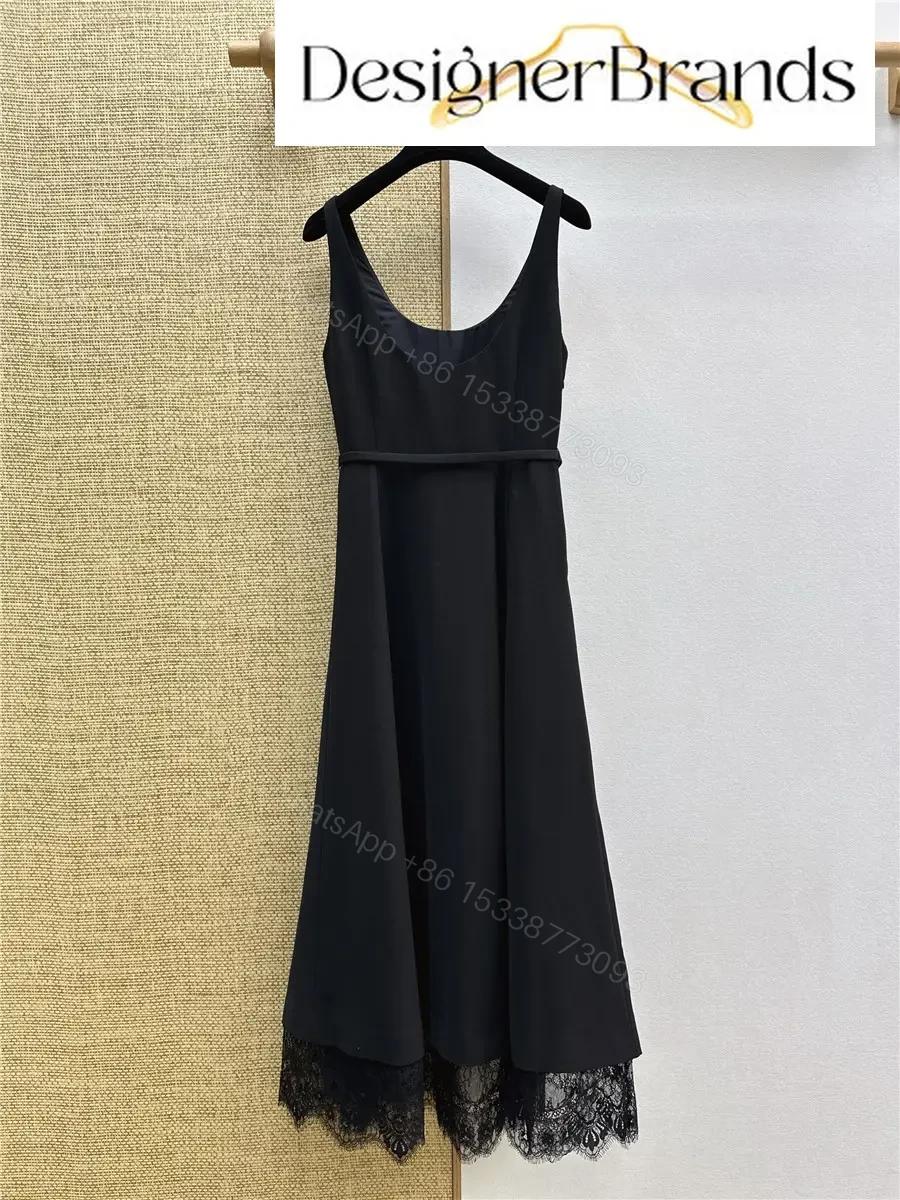 View 8 of Dior Black Mid-Length Lace-Paneled Belted Dress