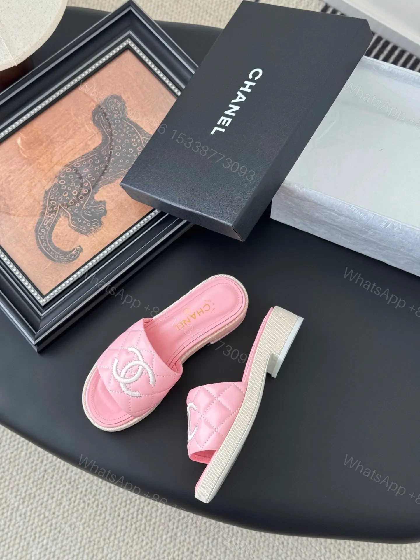 View 3 of Chanel Women Pink Quilted Leather Slides