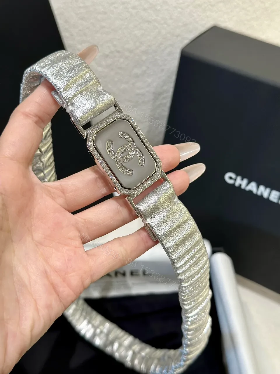 Metallic Textured Strap Watch with Crystal-Accented Bezel — view 1