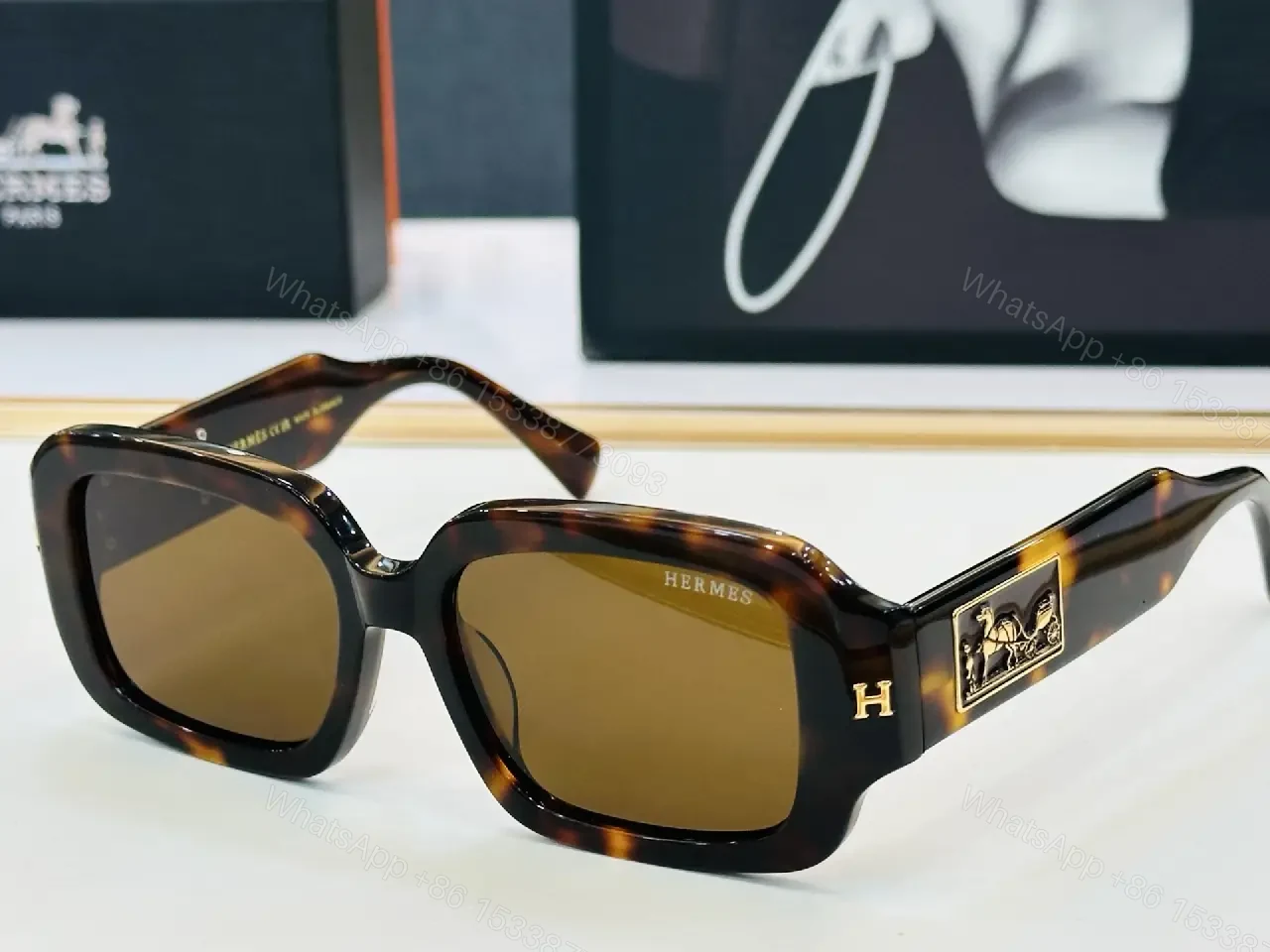 View 2 of Black Acetate Oversized Sunglasses – Square Lenses, Gold Emblem & Plaque Style