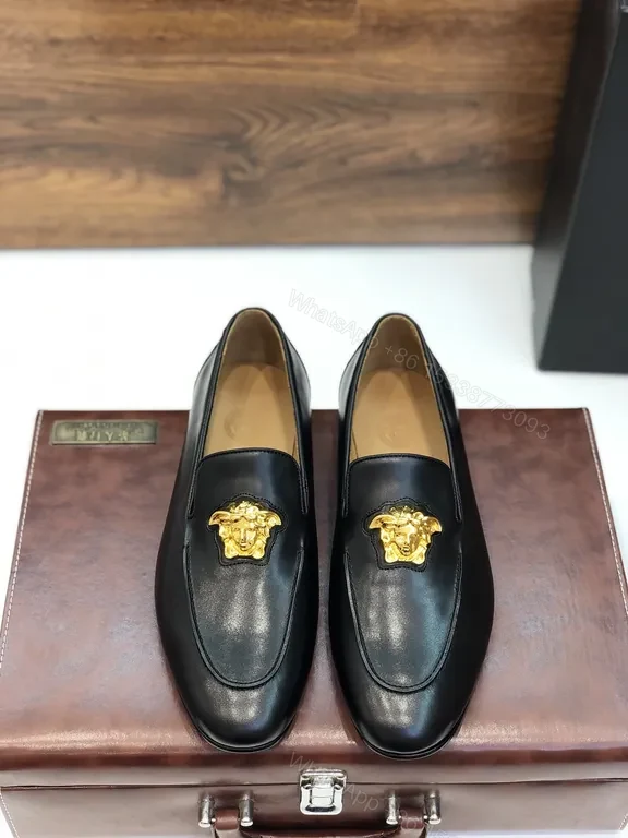 View 4 of Versace Black Leather Loafers with Gold Medusa Emblem