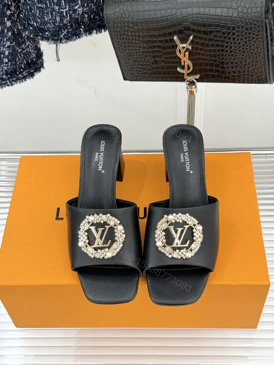 View 8 of Black Leather Slingback Slides — Crystal Emblem, 2" Block Heel