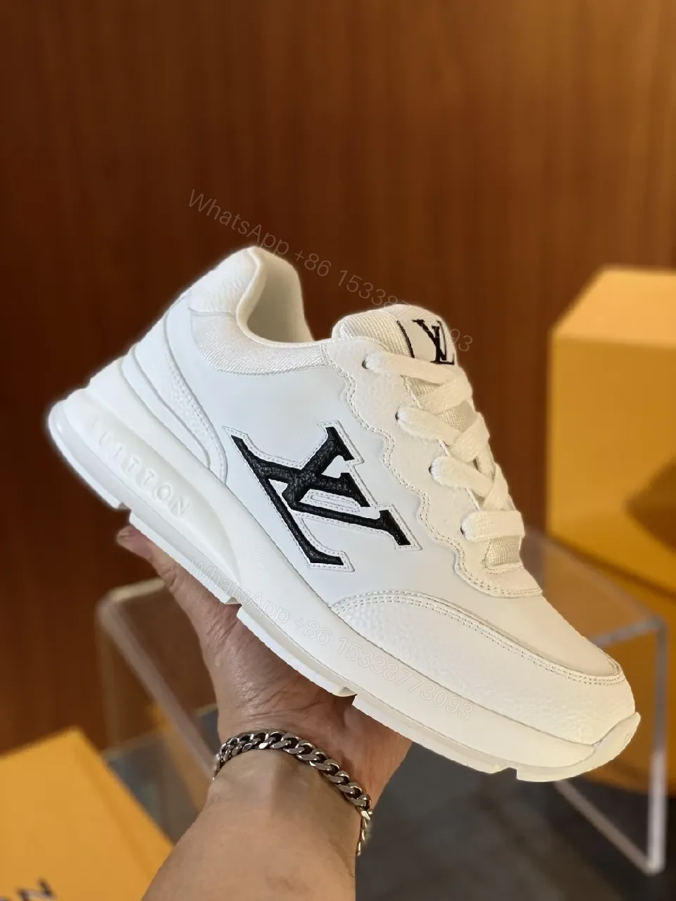 View 5 of White Leather Minimal Sneakers with LV-Inspired Accent