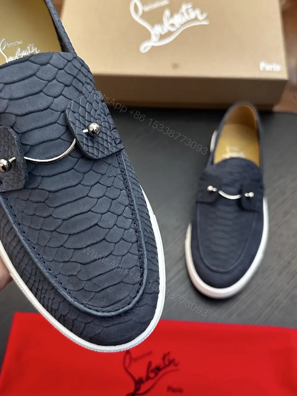 View 3 of black crocodile-embossed leather loafer with tassel slip-on for everyday luxury