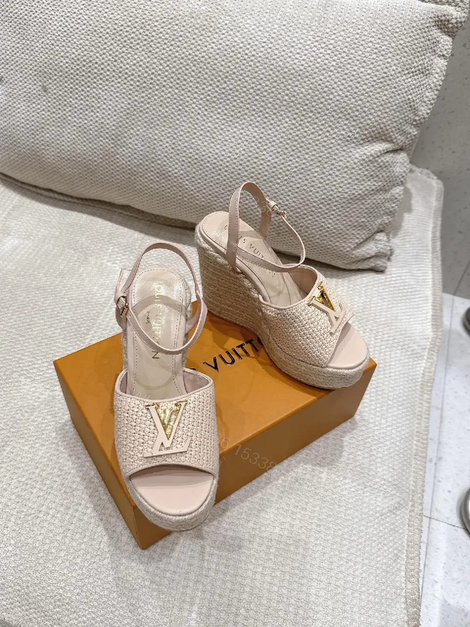 View 8 of Beige Wedge Espadrille Sandals with Gold Detail - Elevated Comfort