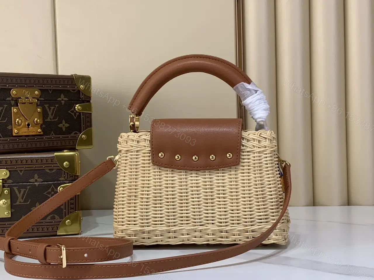 View 8 of Light Beige Straw Tote Bag with Leather Handles & Gold LV Charm