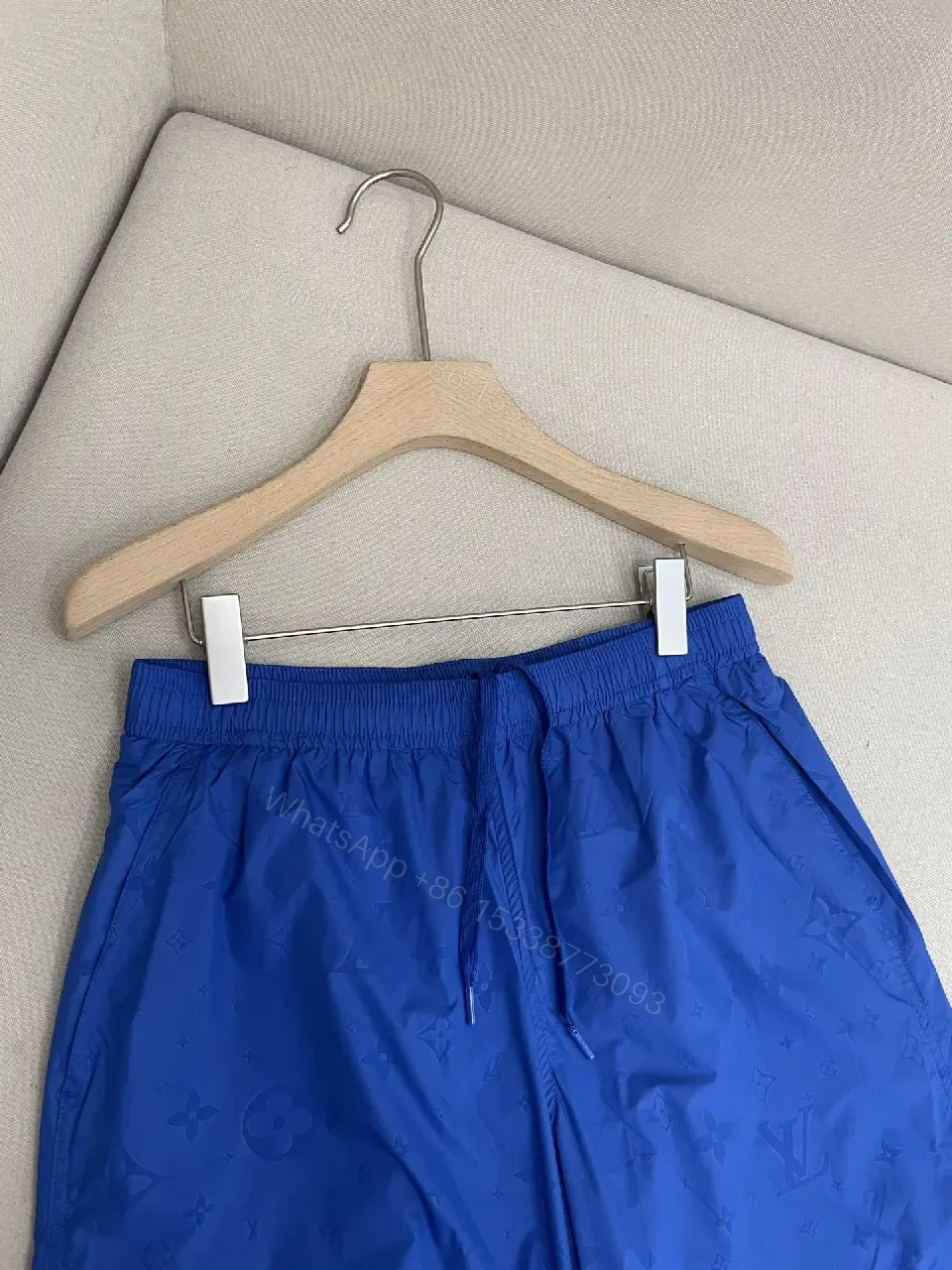 View 7 of Blue Silk-Like Drawstring Shorts, Louis Vuitton Monogram Style, Swim/Active Type