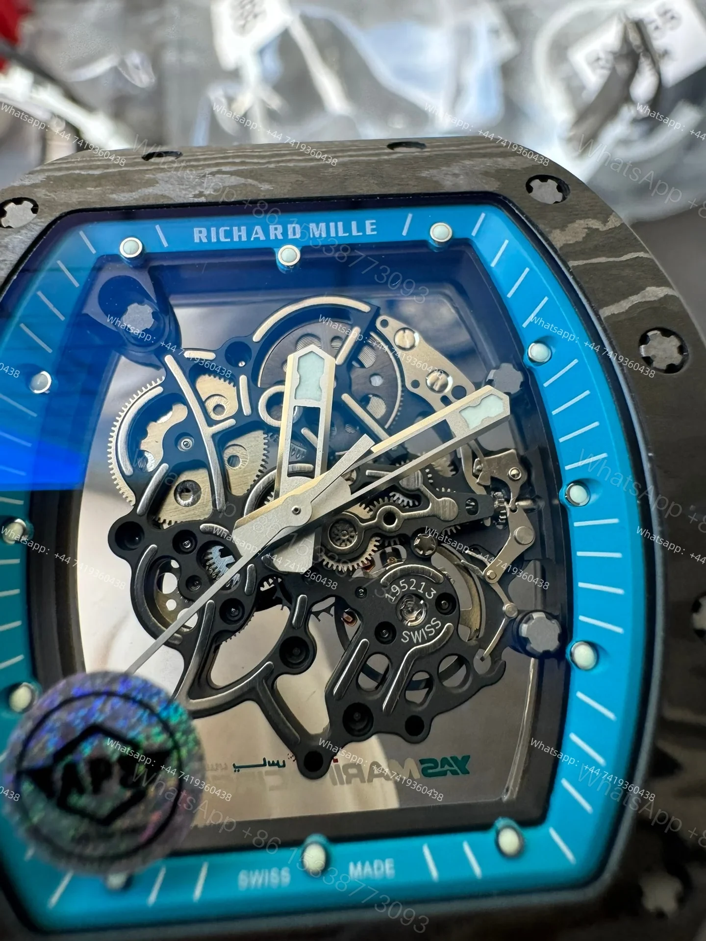 View 3 of Super Clone Richard Mille RM 055 Carbon TPT Blue Rubber Strap 1:1 Replica Watch