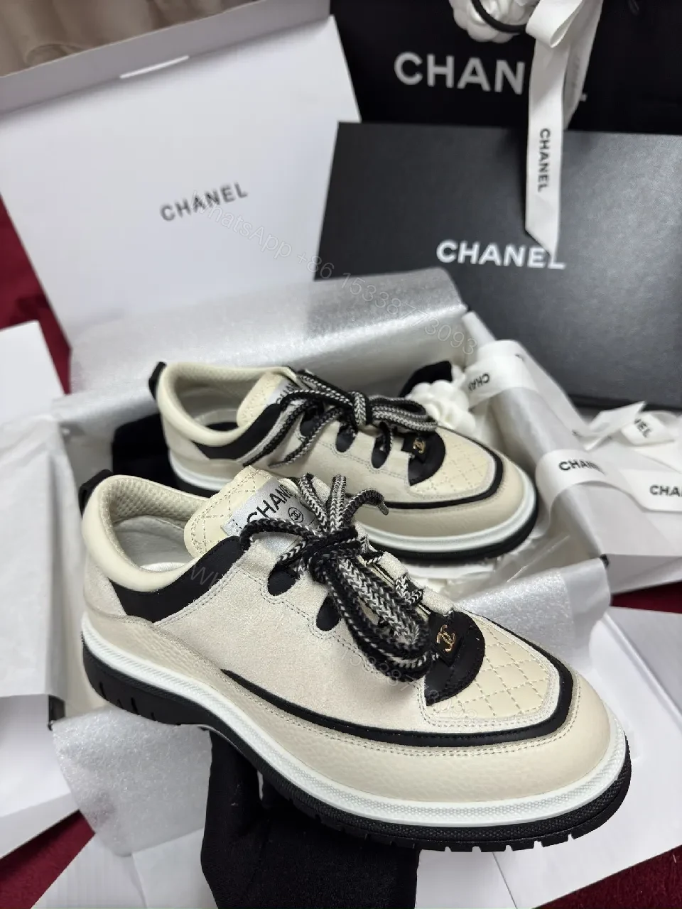 View 6 of Beige Leather-Trim High-Top Trainers: Luxury Comfort