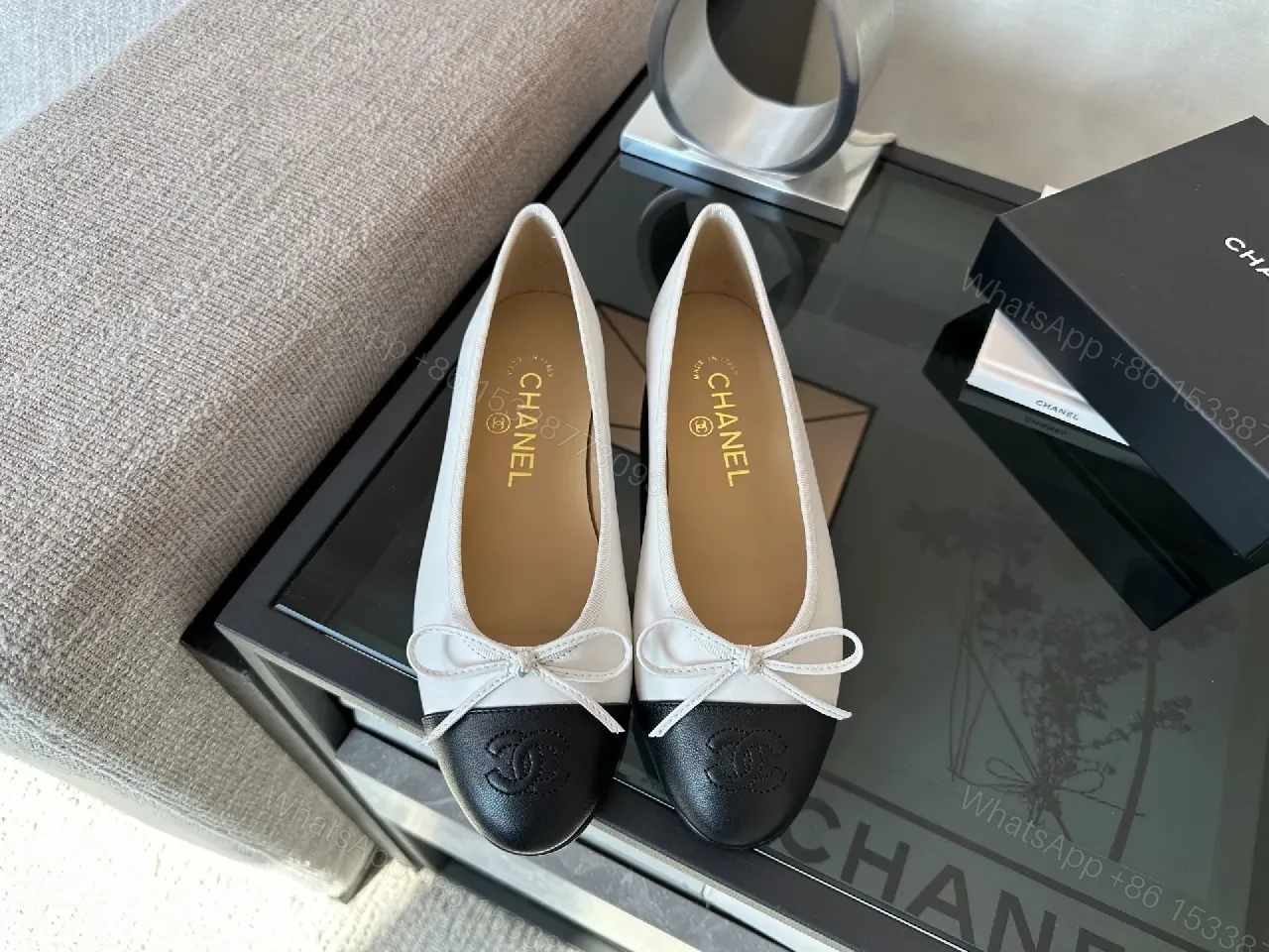 View 6 of Two-Tone Ballet Flats with Black Cap Toe, Leather, Elegant Comfort