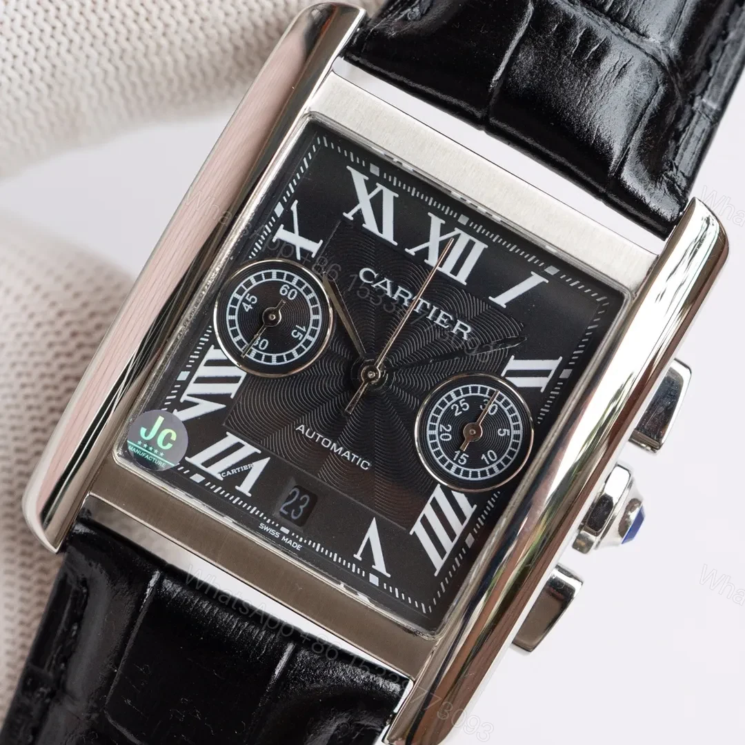 View 5 of TW Factory Cartier Tank Series W5330007 Silver Stainless Steel Watch with Black Leather Strap and Blue Sub-dials
