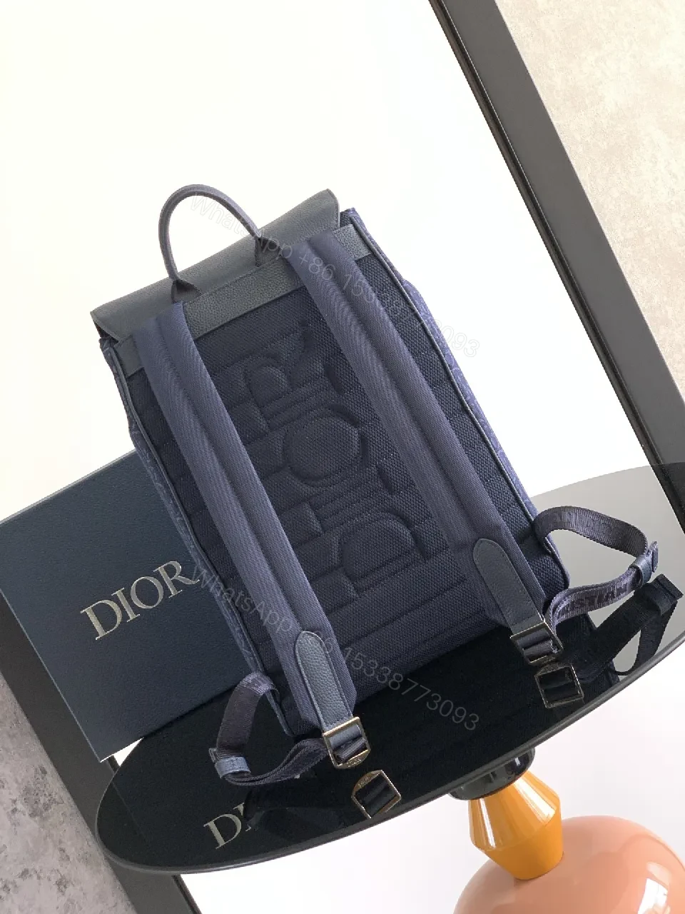 View 9 of Navy Monogram Leather-Trim Compact City Backpack
