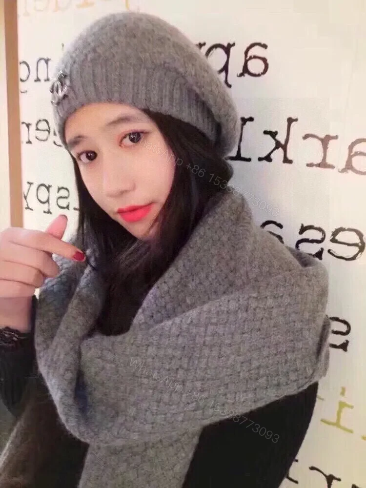 View 5 of Muted Gray Knit Set: Cozy Luxury Scarf & Beanie with Logo Hardware