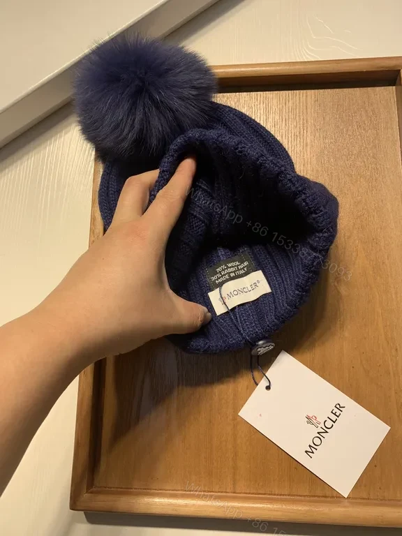 View 8 of Navy Rib Knit Beanie with Plush Pomâ€”Moncler Luxe Gift Box