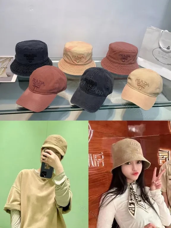 View 5 of Chic Buckle-Textured Pink Palette Bucket Hat - Prada Logo