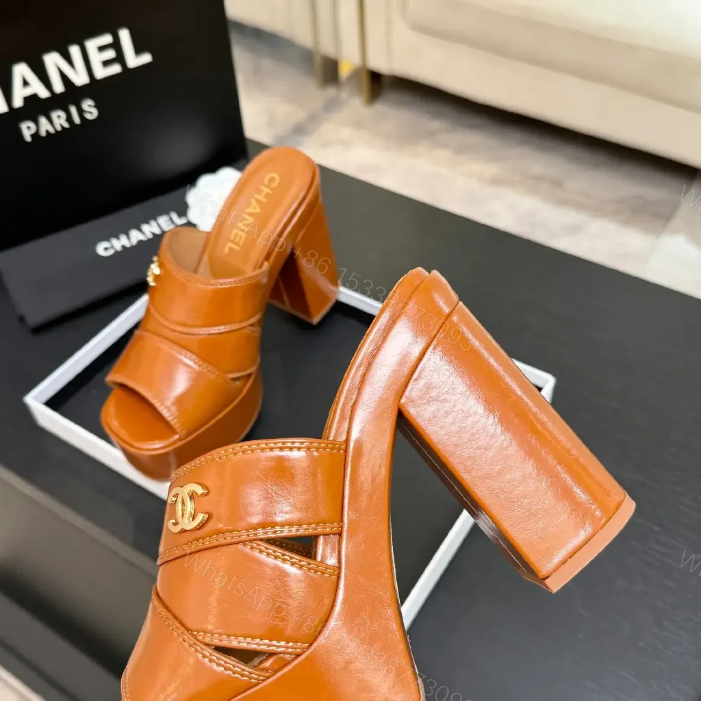 View 9 of Chunky Leather Mules with Logo Detail, Platform Heel, Open Toe
