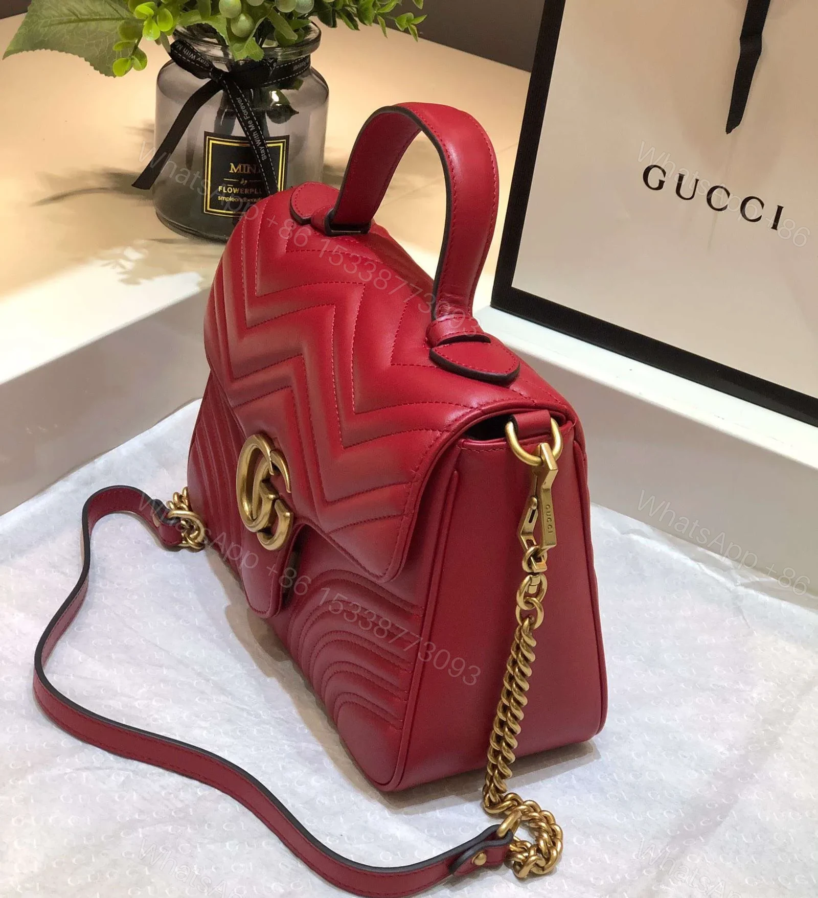 View 5 of Gucci Marmont Top Handle Like Auth Women’s Handbag Red 27cm