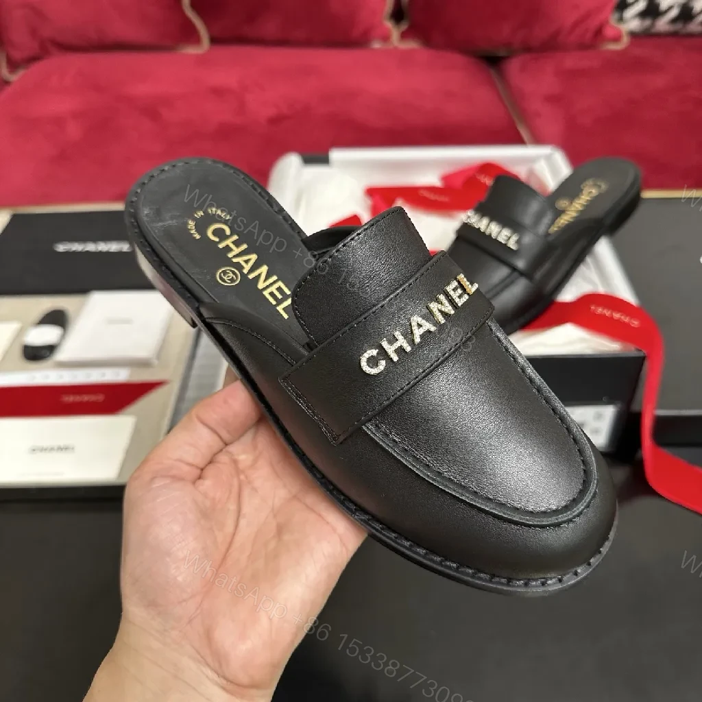 View 2 of Black Leather Slip-Ons with Gold Lettering Luxury Everyday Comfort