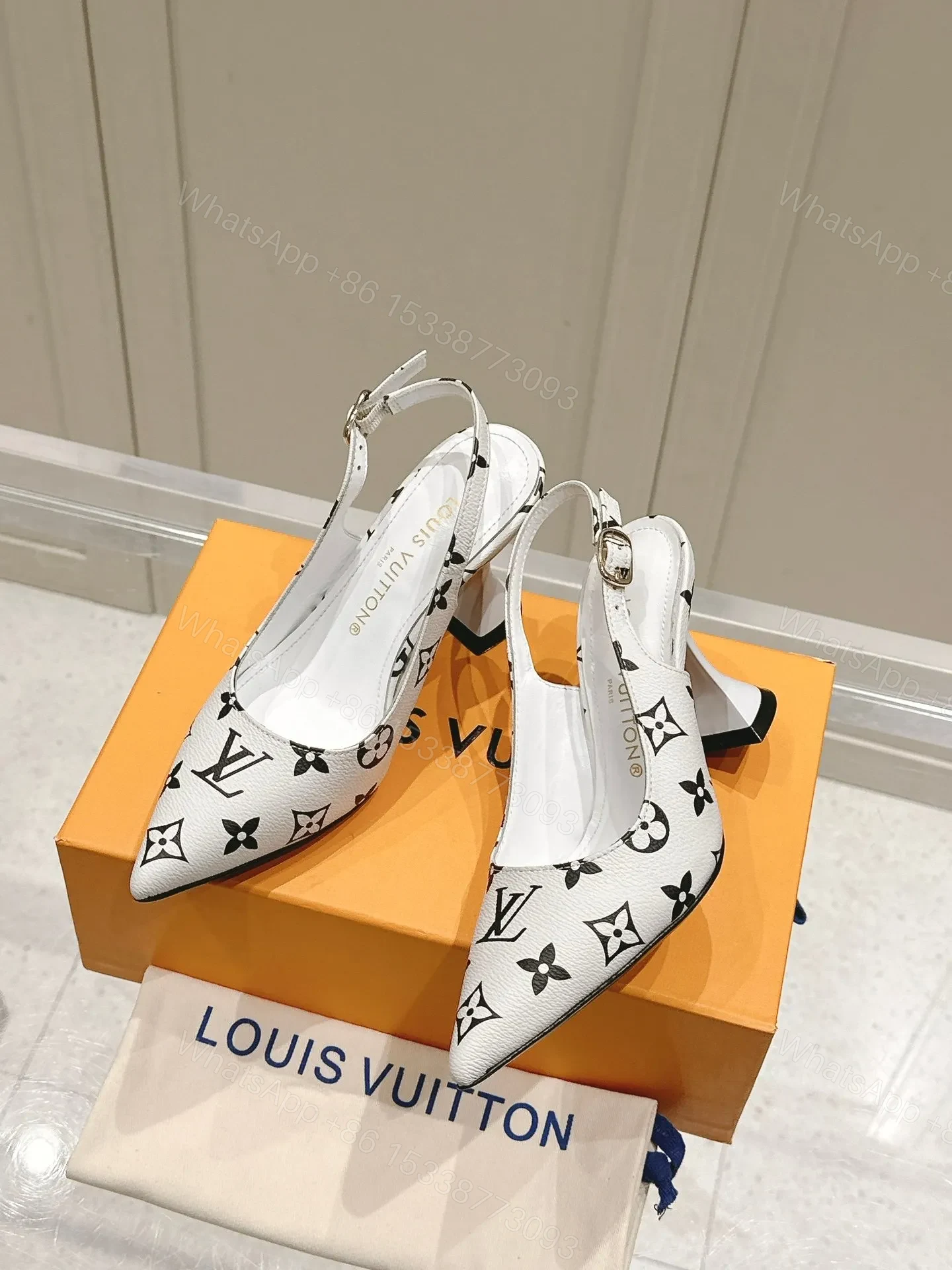 View 5 of LV Women White Leather Monogram Slingback Heels
