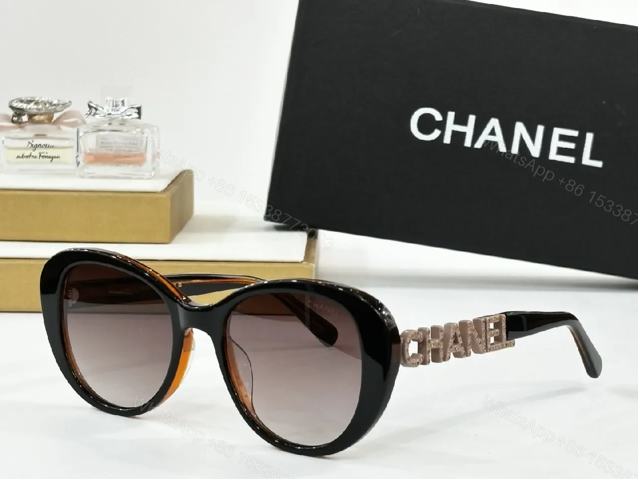 View 6 of Chic Taupe-Pink Oversized Round Sunglasses with Logo Detail