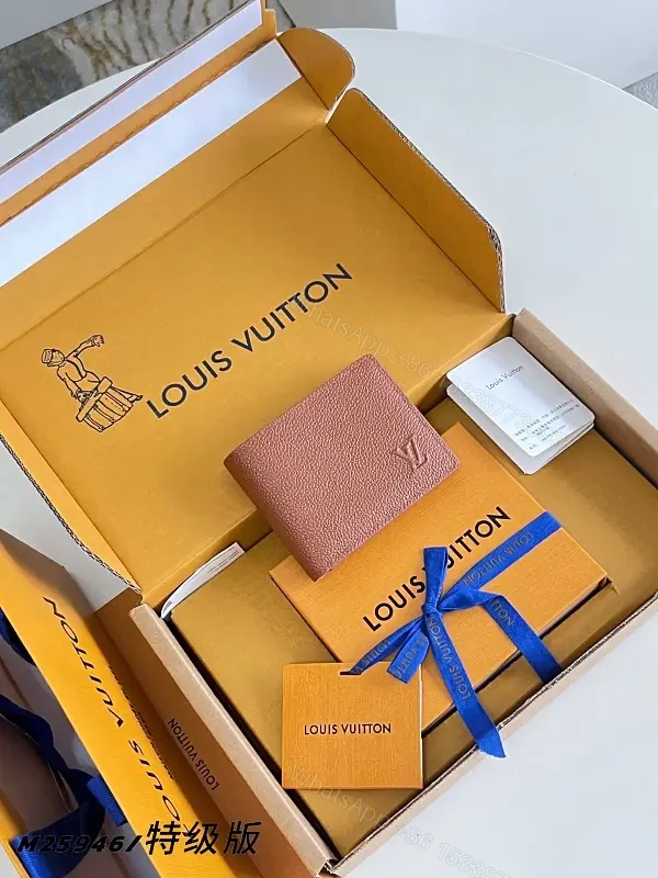 Pink-Peach Pebbled Leather Bi-fold Wallet with LV Logo — view 1