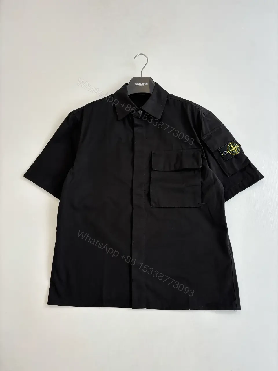 View 2 of Black Cotton Oversized Short-Sleeve Shirt with Pocketed Front, Military Style, Stone Island inspired