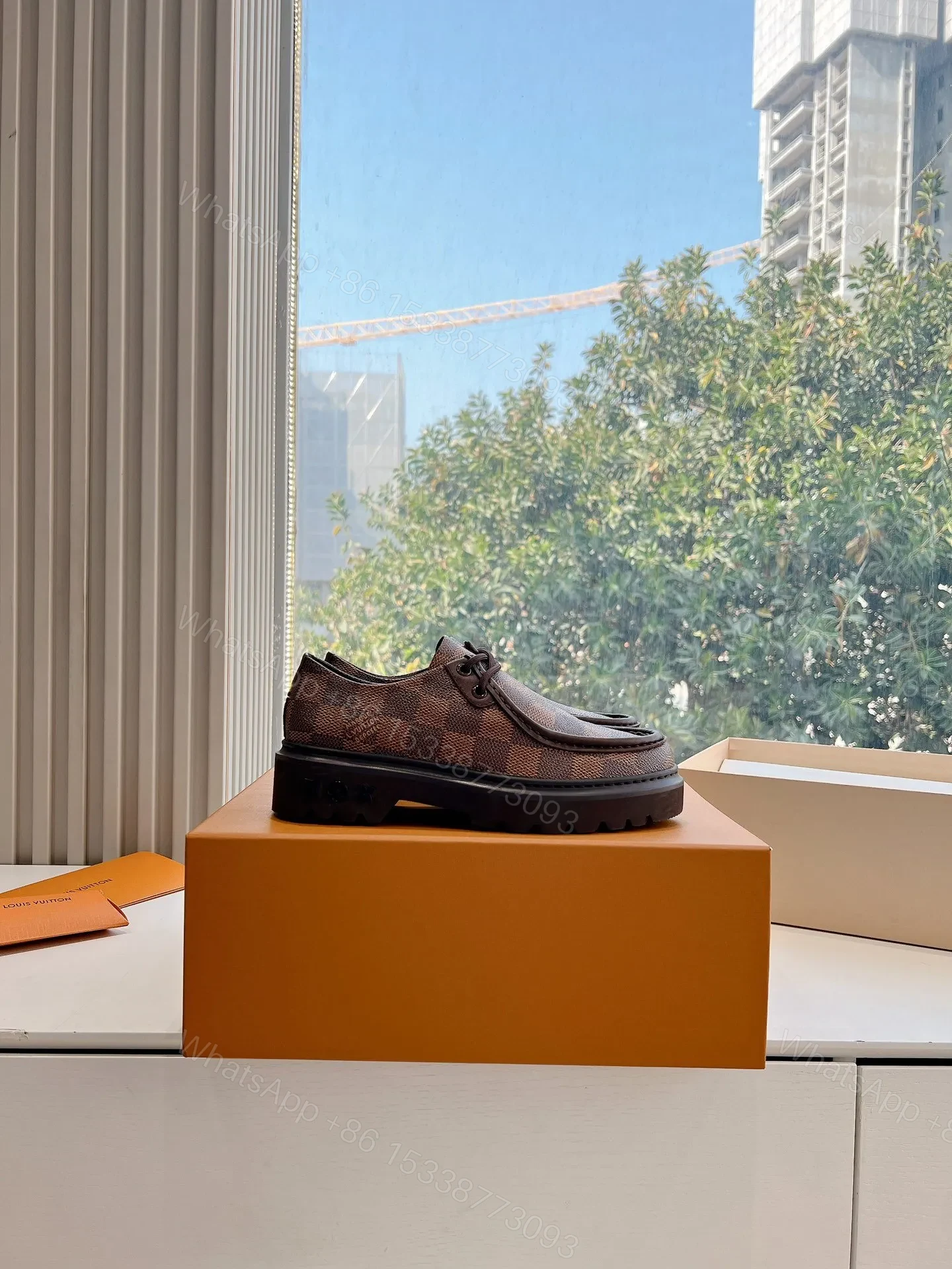 View 2 of LV Women Brown Checkered Leather Loafers