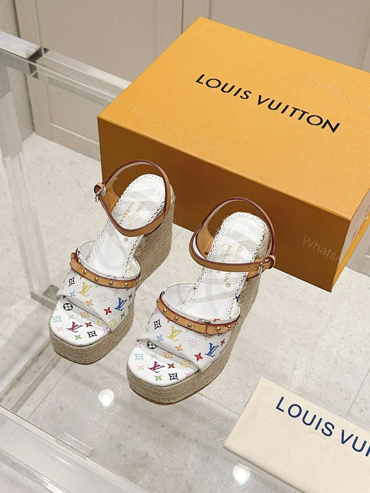 LV Women White Leather Multicolor Print Wedge Sandals — view 1