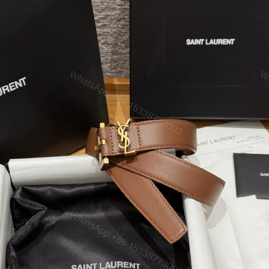 View 3 of Brown Leather Belt with Gold Logo Buckle—Versatile Luxury Accessory
