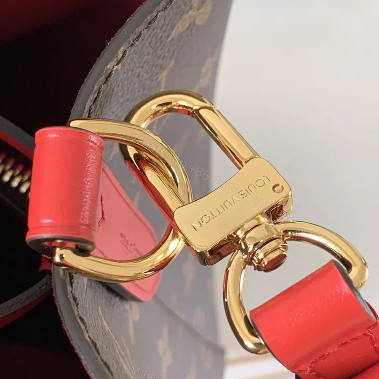 View 7 of Louis Vuitton-Style Monogram Bucket Bag: Red Leather Drawstring, Tote-like Versatility