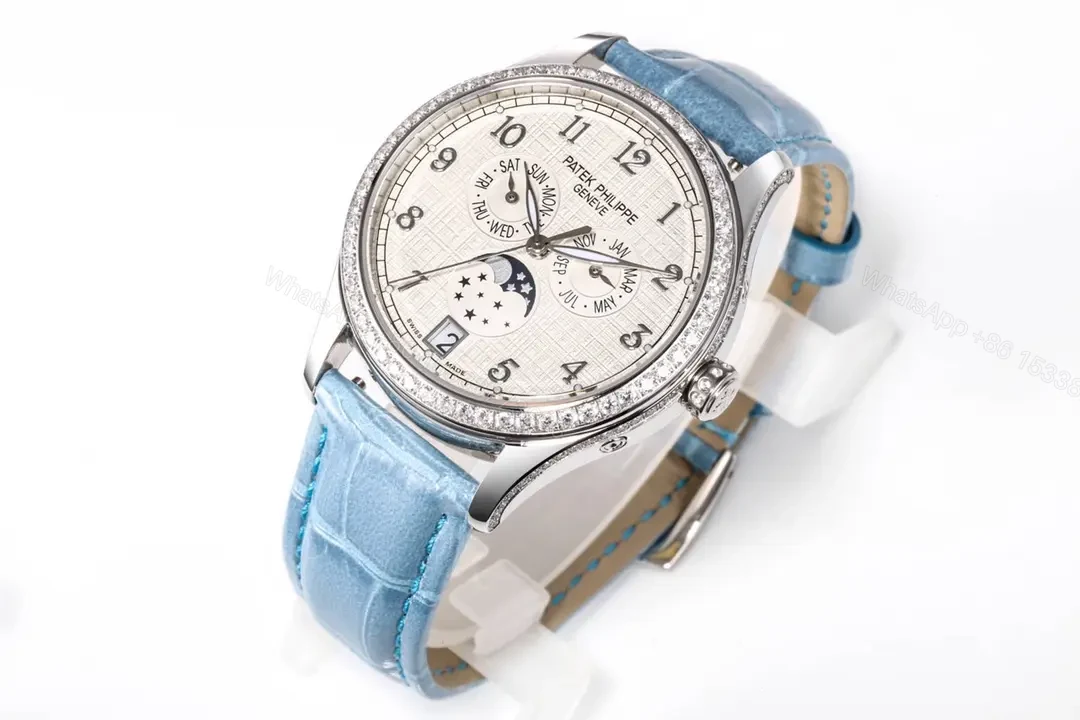 View 2 of Patek Philippe Complications Series Annual Calendar Moon Phase Women’s Watch 4947R/4947G 4948R/4948G White Dial with Blue Leather Strap Diamond Set Case