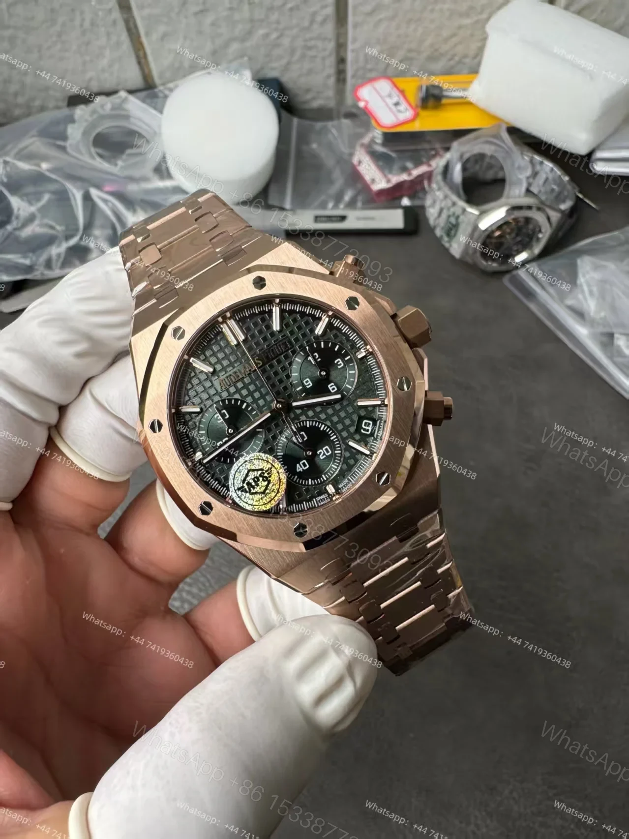 View 6 of Audemars Piguet Super Clone Royal Oak Rose Gold Green Dial 26240 Chronograph 41mm Cal.4401