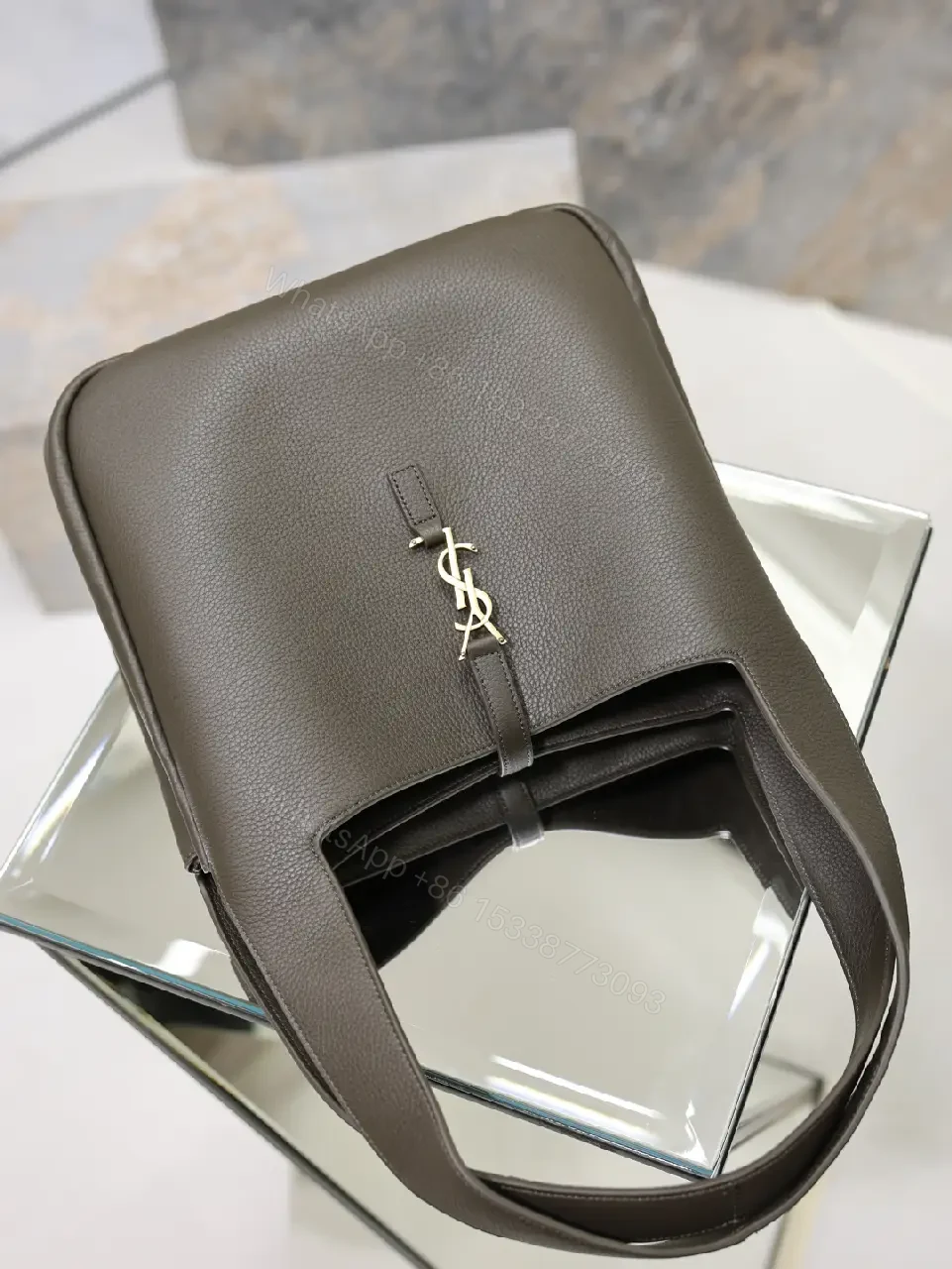 View 5 of Dark Brown/Black Pebbled Leather Tote with Gold YSL Charm