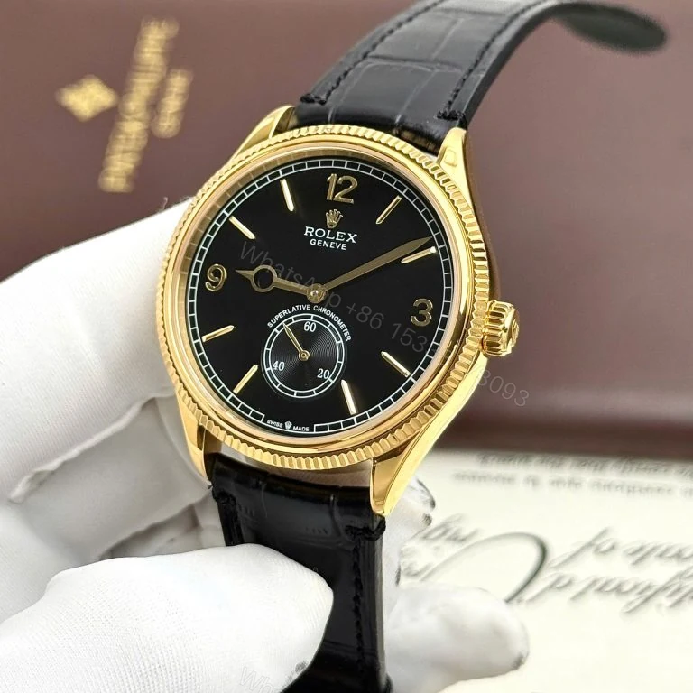 View 5 of Rolex Perpetual 1908 39mm Yellow Gold Black Dial Leather Strap Super Clone