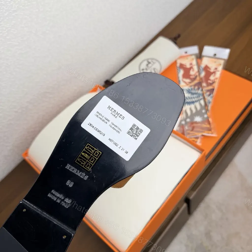 View 5 of Brown Leather Hermes-Style Sandals with Signature H Strap Slides