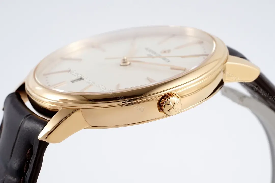 View 5 of GS Factory Vacheron Constantin Patrimony 85180 Series Watch – Gold Case, White Dial, Brown Leather Strap, Minimalist Style