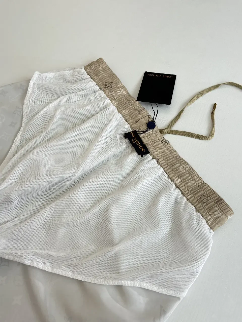 View 7 of Beige LV Monogram Print Linen Shorts Casual Comfort Jogger shorts