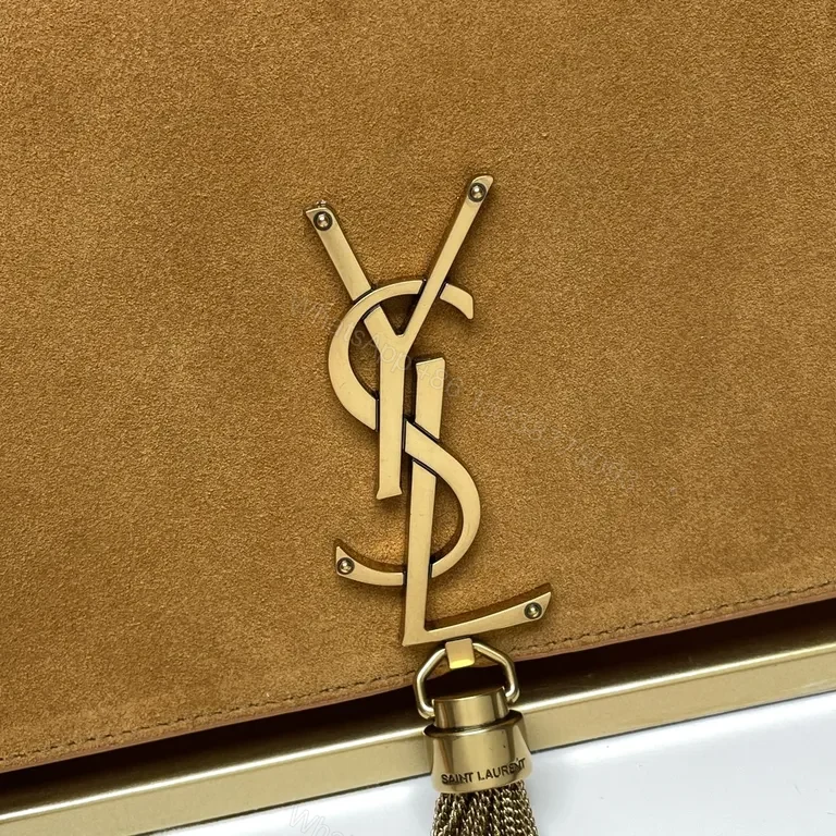 View 9 of Camel Suede Crossbody Bag with Gold YSL Emblem - Tassel Detail