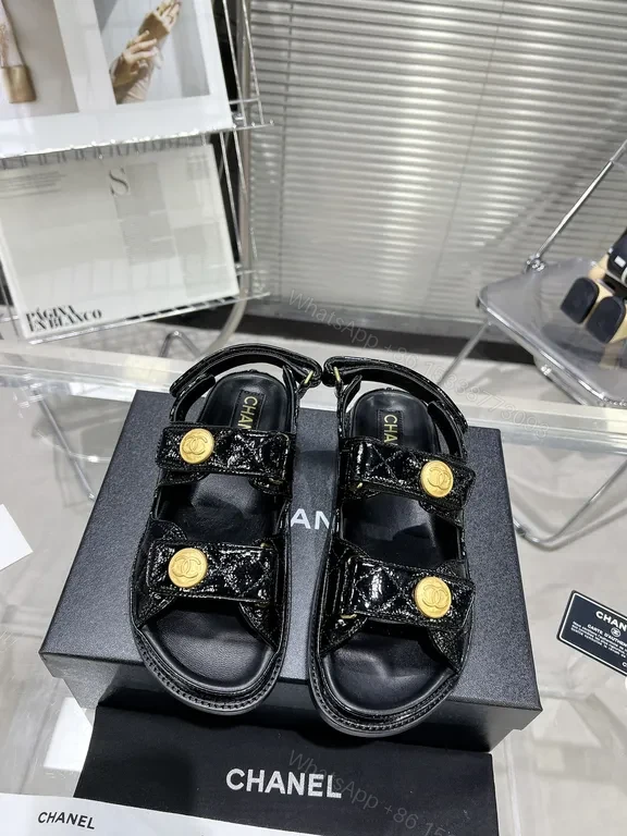 Chanel-Inspired Black Patent Sandals with Gold Buttons — view 1