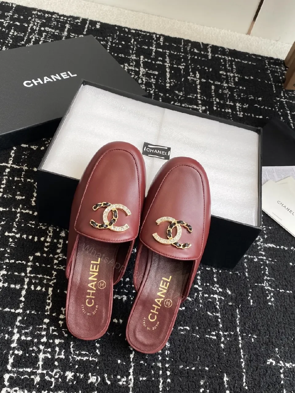 View 7 of Red Leather Mule, Gold Chain, Slip-On Chic, All-Day Comfort, Mule
