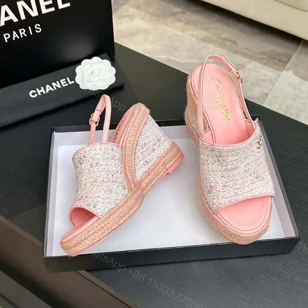 View 3 of Textured Pink Espadrille Wedges – Knit Upper, Platform Glam