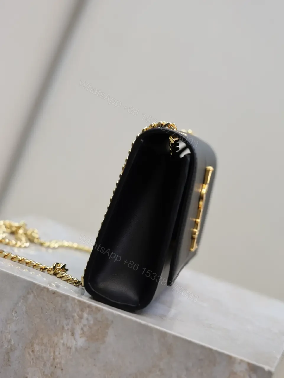 View 2 of Black Leather Bag with Gold YSL-Inspired Logo, Compact, Everyday Glam