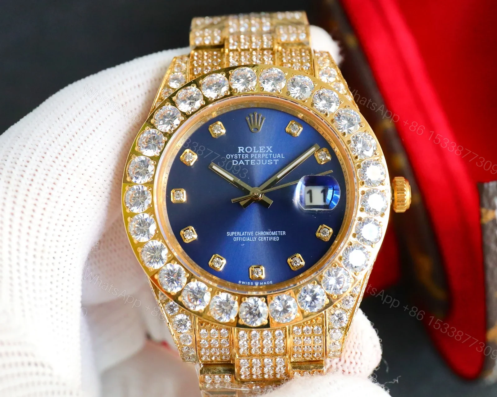 View 2 of Rolex Day-Date Gold Blue Iced Replica 42MM Premium Full Gold Bracelet Blue Dial Edition ROLEX-DD-GOLD-BLU-ICED-FULL-42