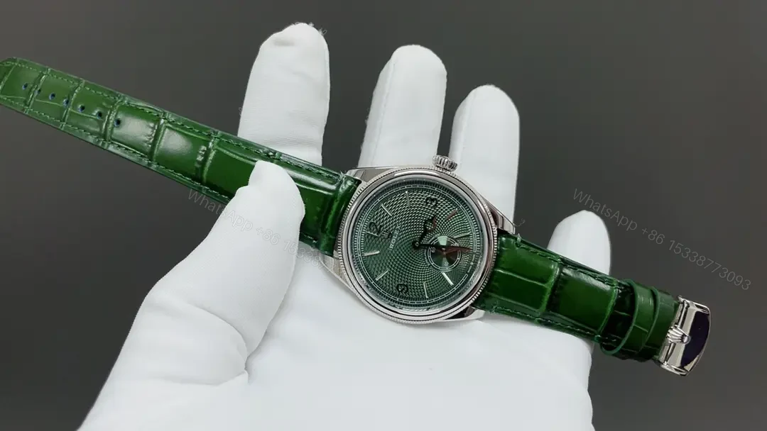 View 2 of Premium Rolex 1908 Green Guilloche Dial replica 39MM Green Leather Strap Edition RG-1908-52506-GREEN-GUILLOCHE-LEATHER