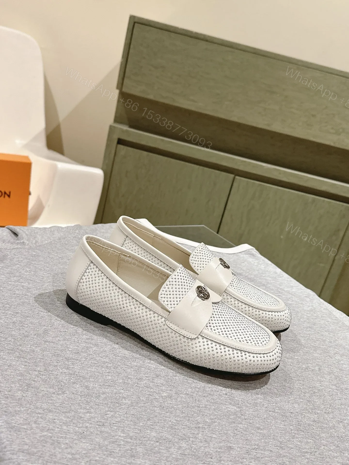 View 3 of LV Women White Leather Studded Loafers