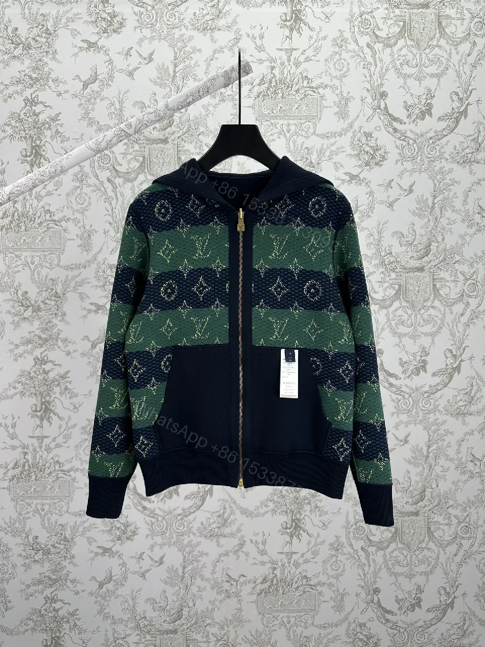 View 5 of Green embroidery premium zip hoodie, luxury-inspired casual wear