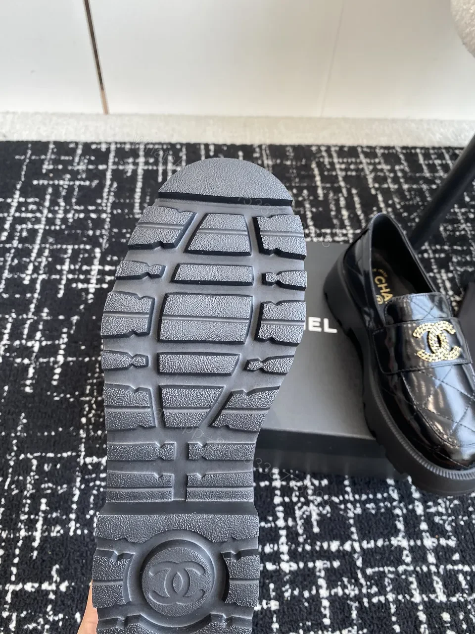 View 2 of Quilted Velvet Loafers: Gold Logo, Black Patent, Luxe Style