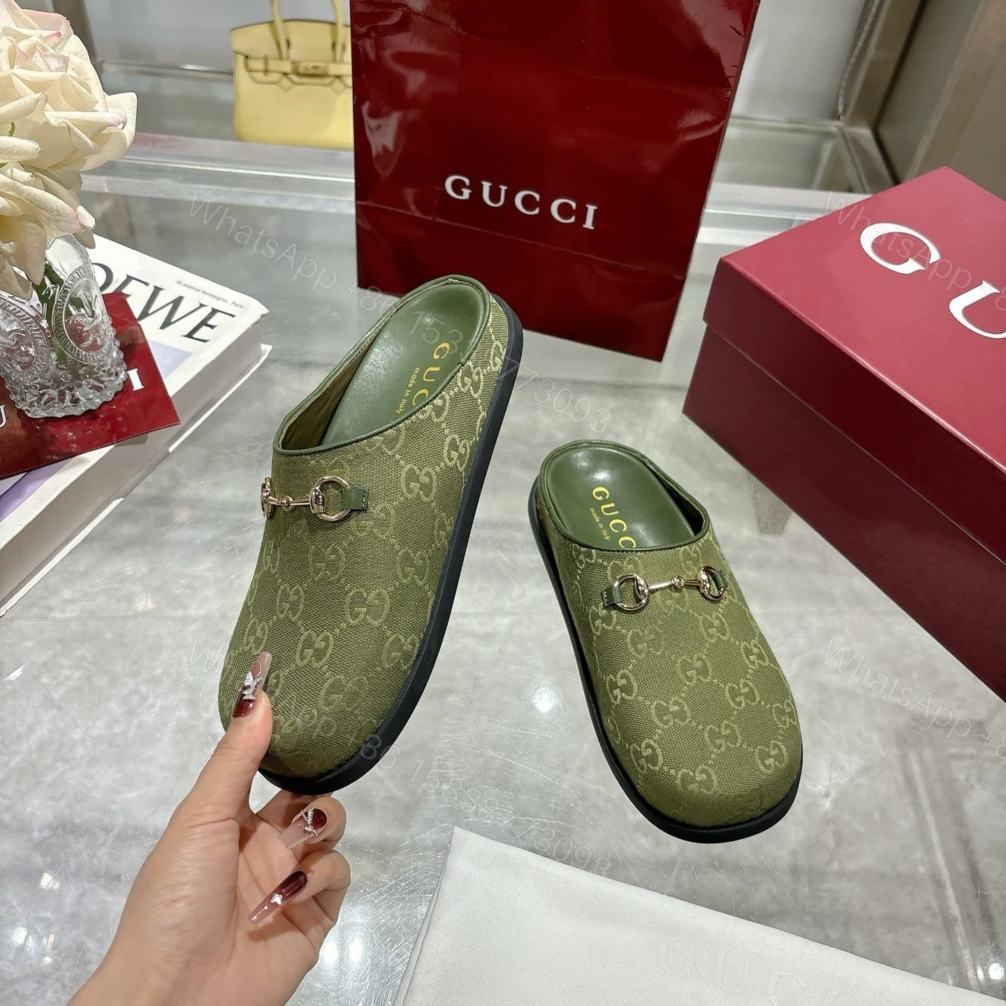 View 6 of GUCCI WOMEN MULE WITH HORSEBIT DARK GREEN GG CANVAS 837130 FAB10 3046